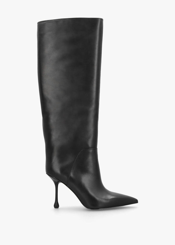 Elodie Black Leather Sculpted Heel Knee Boots