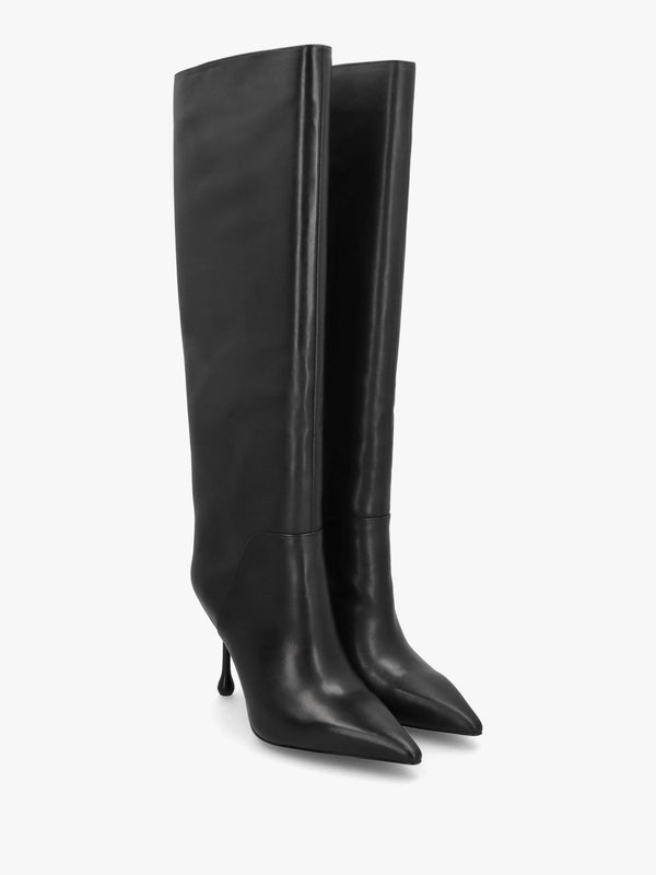 Elodie Black Leather Sculpted Heel Knee Boots