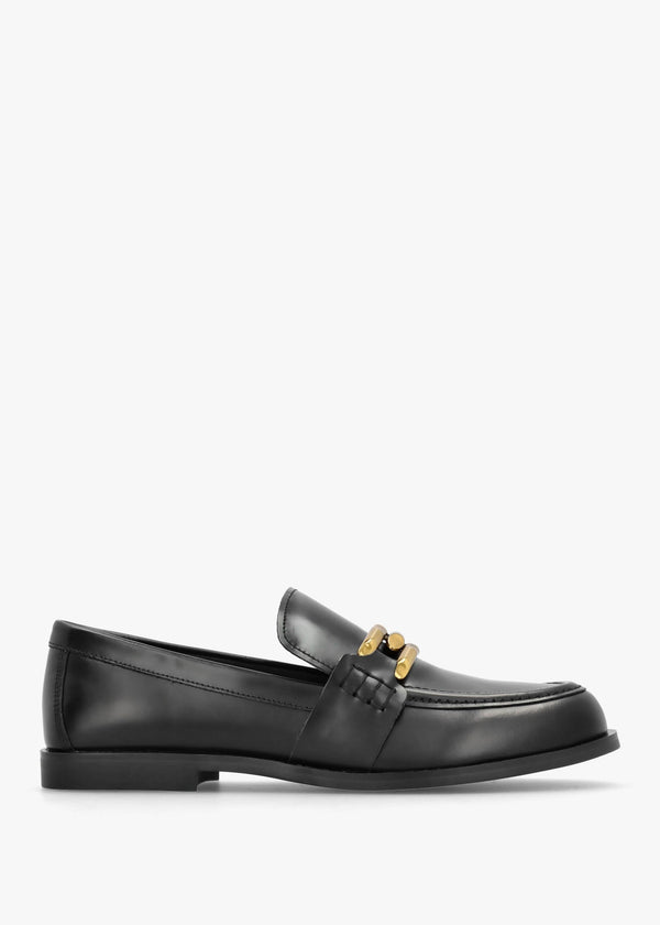 Elinkie Black Leather Metal Link Loafers