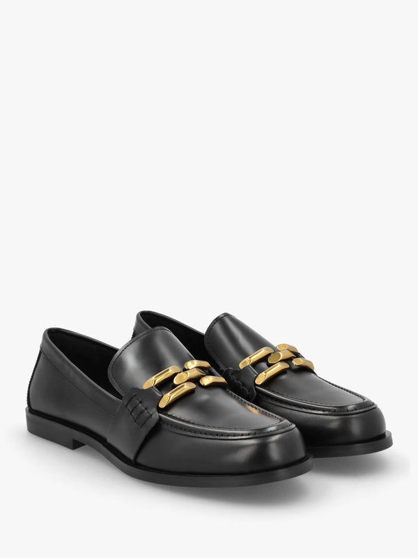 Elinkie Black Leather Metal Link Loafers