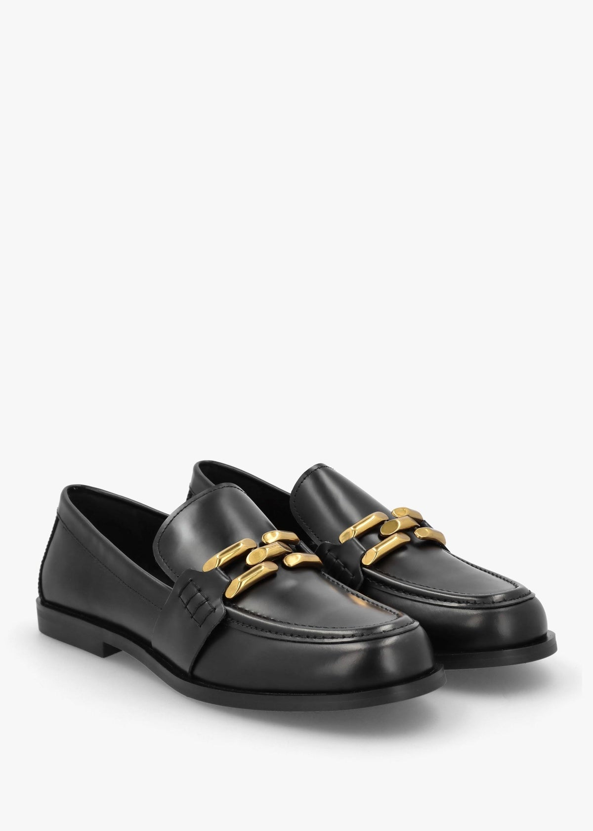 Elinkie Black Leather Metal Link Loafers
