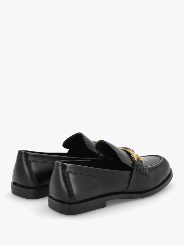 Elinkie Black Leather Metal Link Loafers