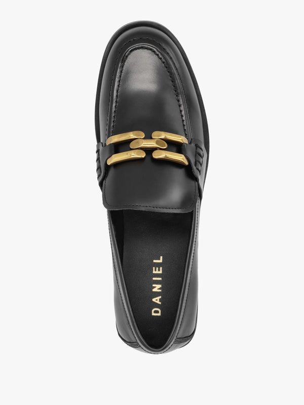 Elinkie Black Leather Metal Link Loafers