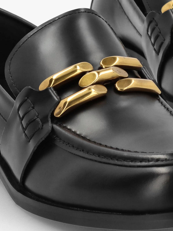 Elinkie Black Leather Metal Link Loafers