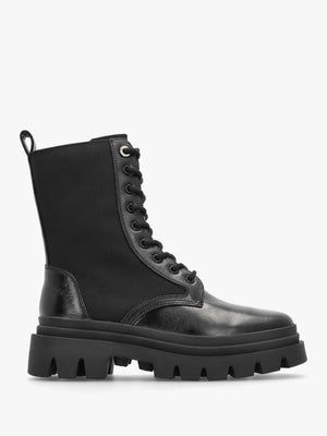 Emily Black Leather & Textile Biker Boots