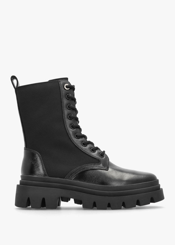 Emily Black Leather & Textile Biker Boots