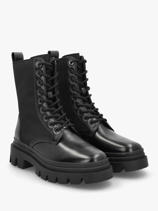 Emily Black Leather & Textile Biker Boots