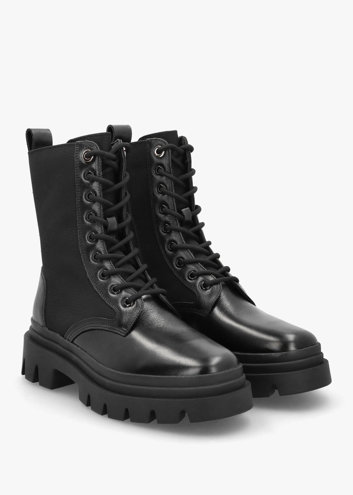 Emily Black Leather & Textile Biker Boots