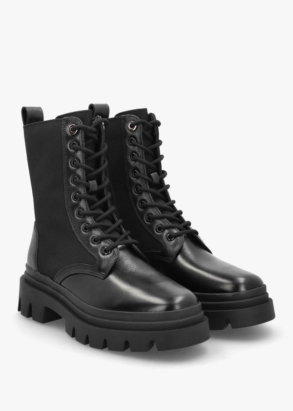 Emily Black Leather & Textile Biker Boots