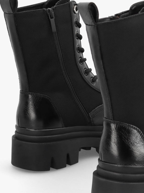 Emily Black Leather & Textile Biker Boots