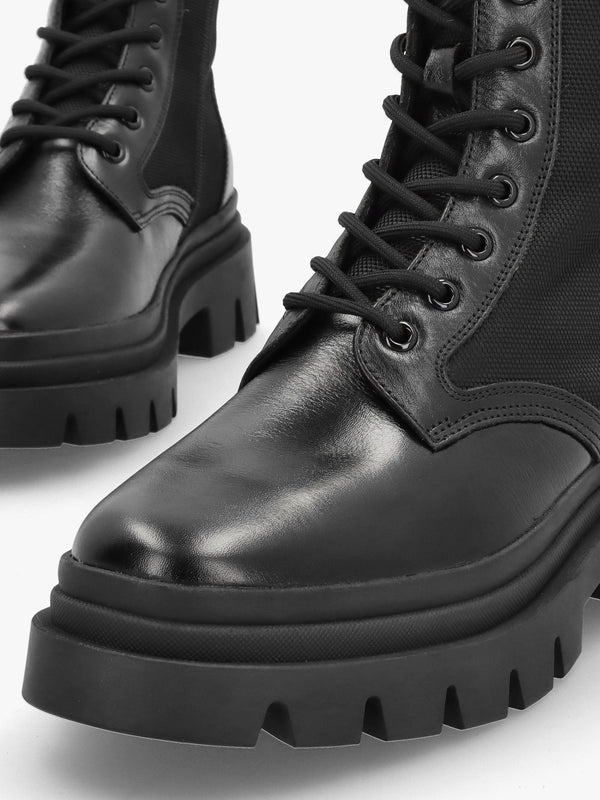 Emily Black Leather & Textile Biker Boots
