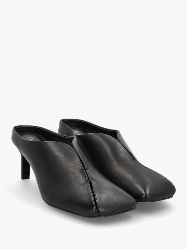 Squad Black Leather Square Toe Heeled Mules