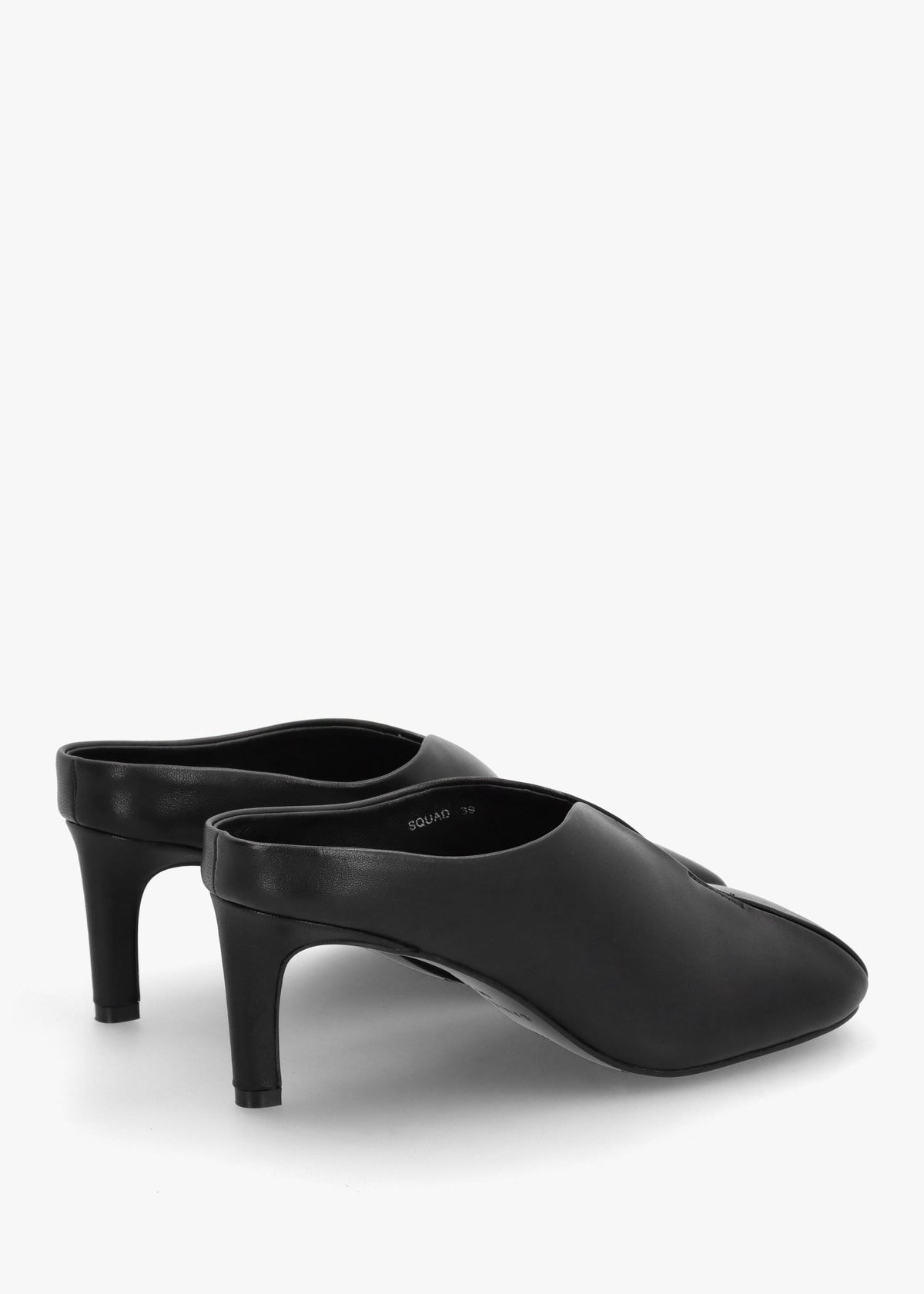 Squad Black Leather Square Toe Heeled Mules