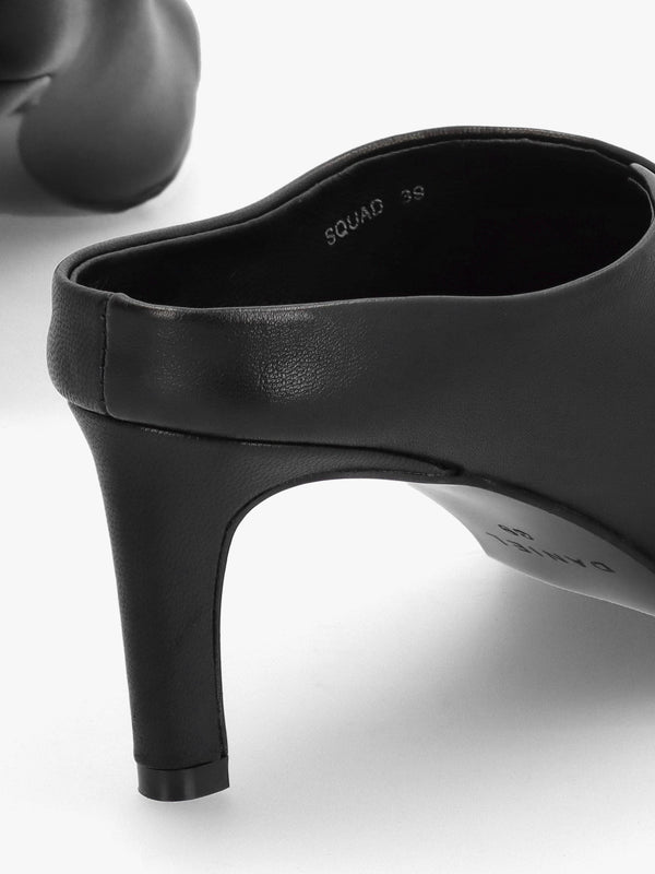 Squad Black Leather Square Toe Heeled Mules