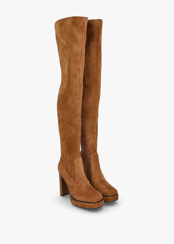Sippy Tan Suede Over The Knee Platform Heeled Boots