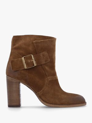 Giddy Taupe Suede Buckle Block Heeled Ankle Boots