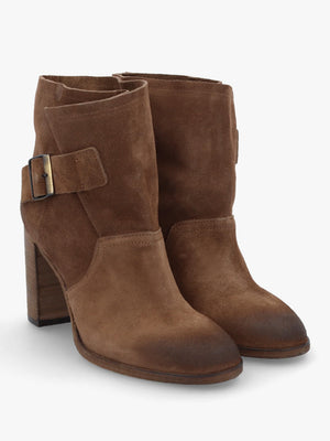 Giddy Taupe Suede Buckle Block Heeled Ankle Boots