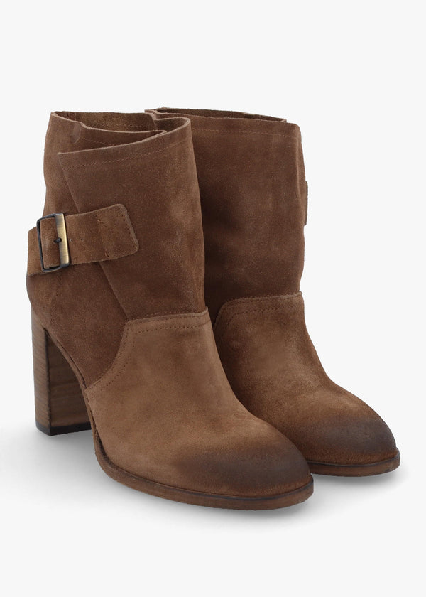 Giddy Taupe Suede Buckle Block Heeled Ankle Boots