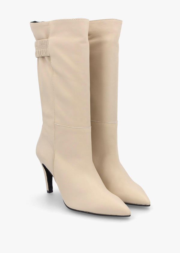Gardenia 80's Cream Leather Elasticated Back Heeled Calf Boots