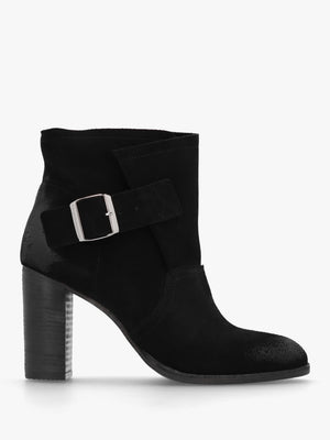Giddy Black Suede Buckle Block Heeled Ankle Boots
