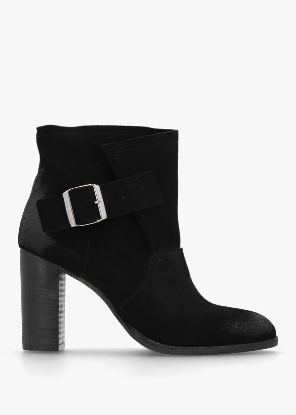 Giddy Black Suede Buckle Block Heeled Ankle Boots