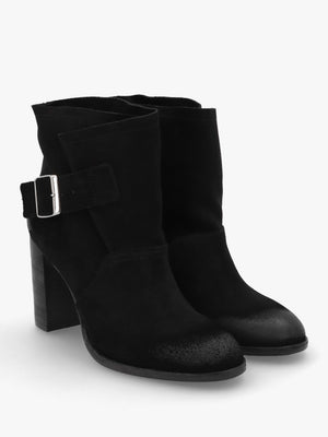 Giddy Black Suede Buckle Block Heeled Ankle Boots