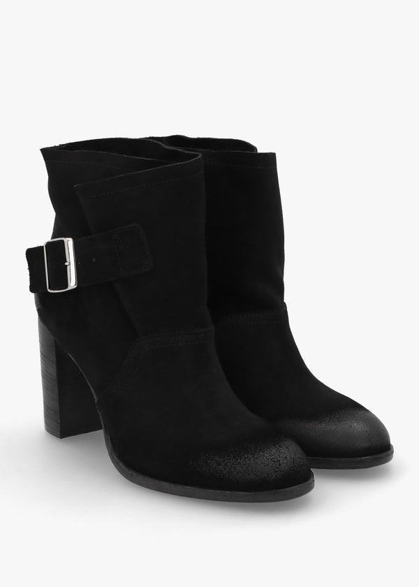 Giddy Black Suede Buckle Block Heeled Ankle Boots