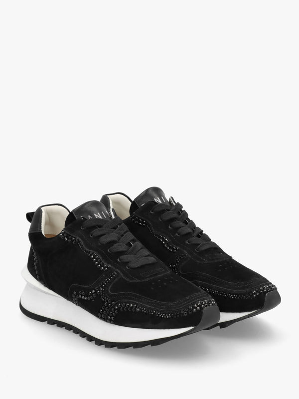 Arabella Black Suede Crystal Embellished Trainers