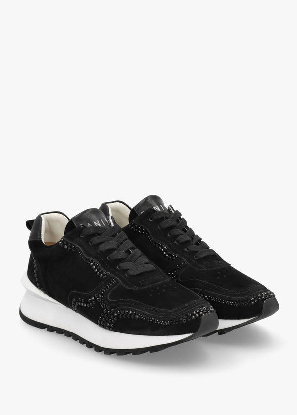 Arabella Black Suede Crystal Embellished Trainers