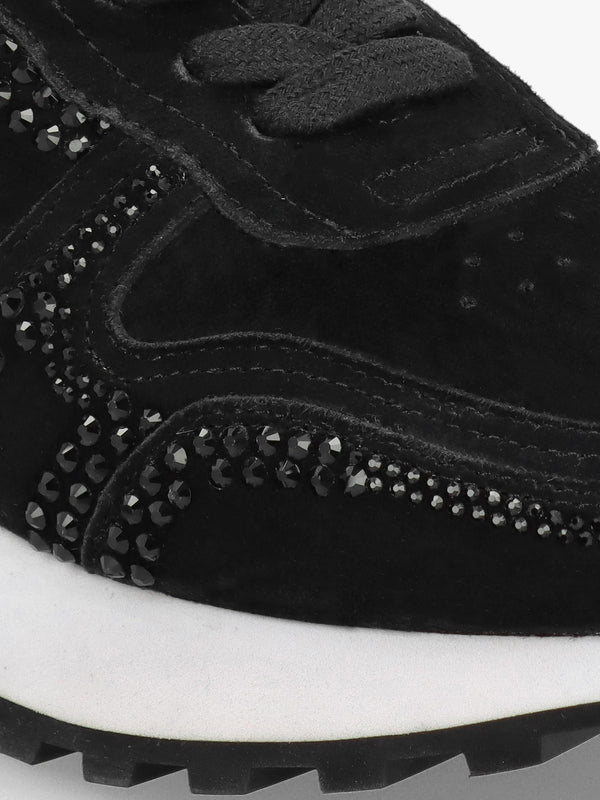 Arabella Black Suede Crystal Embellished Trainers