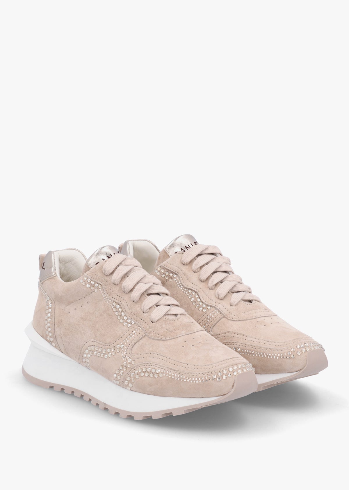 Arabella Taupe Suede Crystal Embellished Trainers