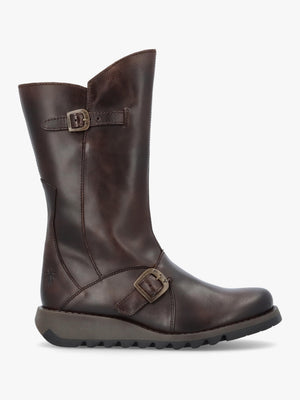 Mes II Dark Brown Leather Low Wedge Calf Boots
