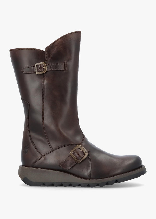 Mes II Dark Brown Leather Low Wedge Calf Boots