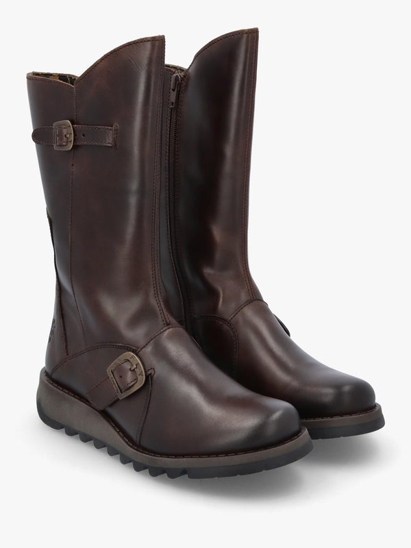 Mes II Dark Brown Leather Low Wedge Calf Boots
