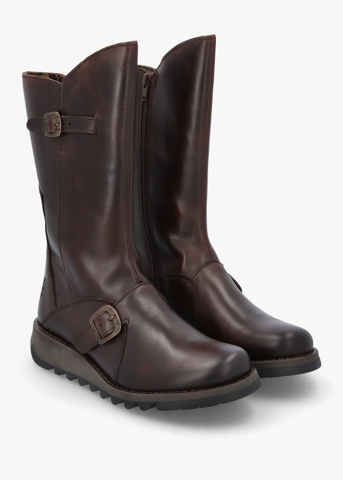 Mes II Dark Brown Leather Low Wedge Calf Boots
