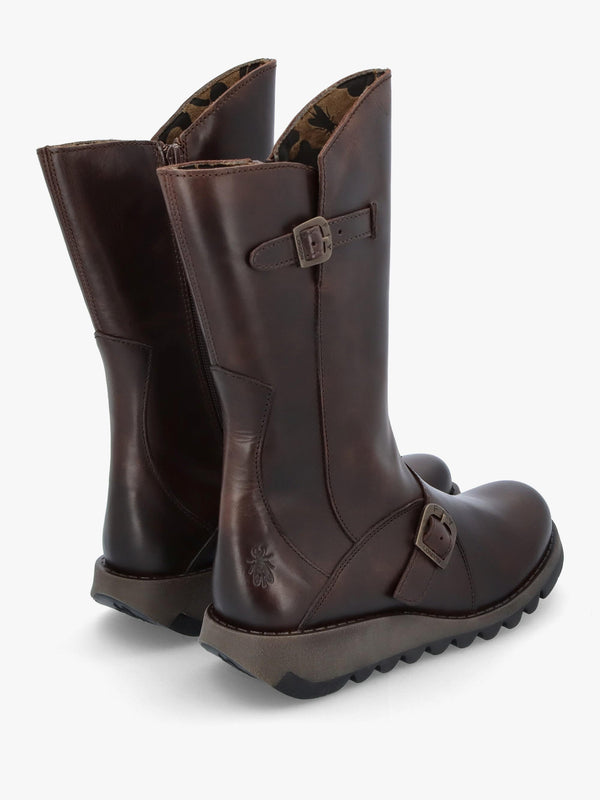 Mes II Dark Brown Leather Low Wedge Calf Boots