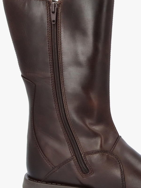 Mes II Dark Brown Leather Low Wedge Calf Boots