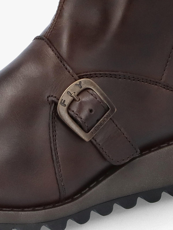Mes II Dark Brown Leather Low Wedge Calf Boots