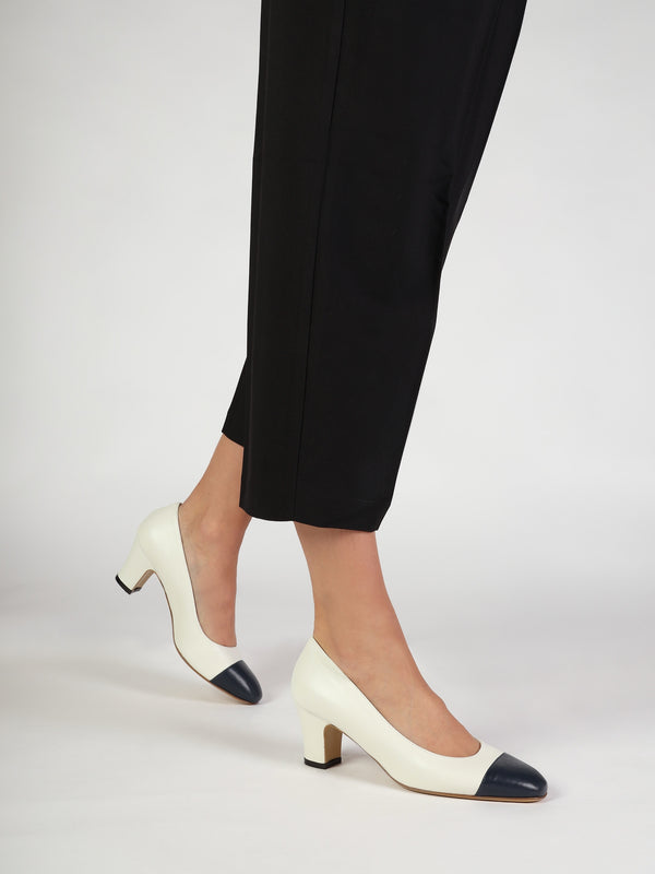 Akuna Cream Leather Block Heel Court Shoes