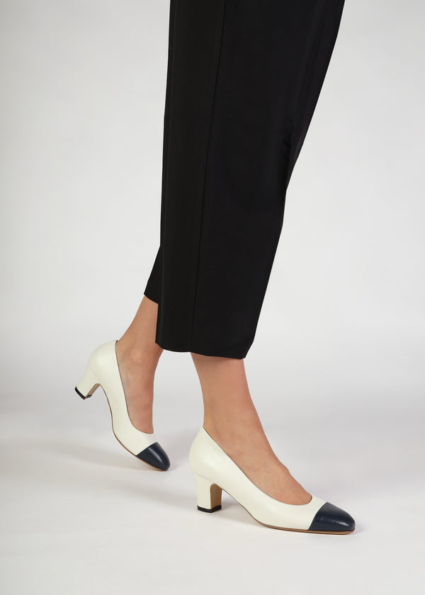 Akuna Cream Leather Block Heel Court Shoes