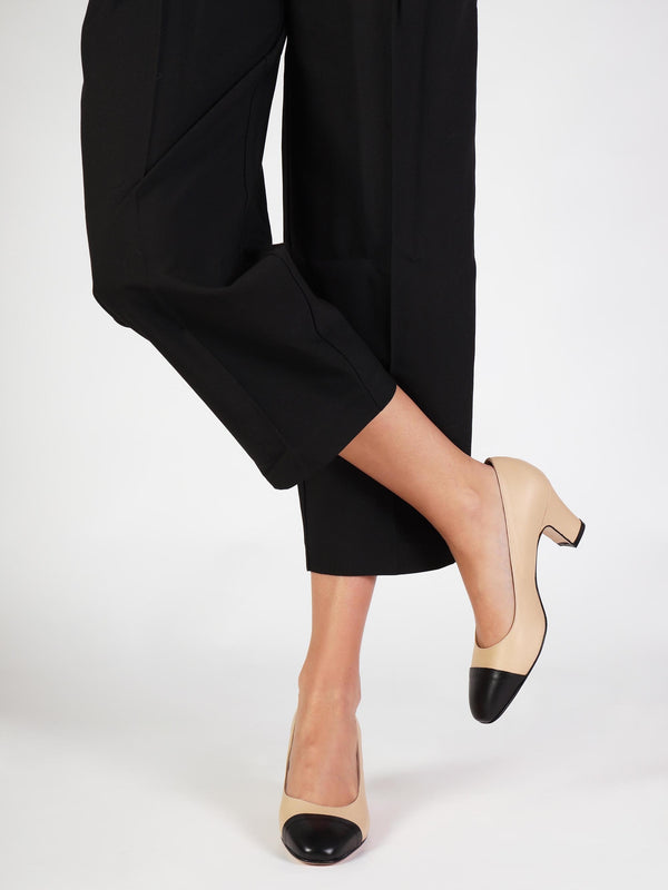 Akuna Beige Leather Block Heel Court Shoes