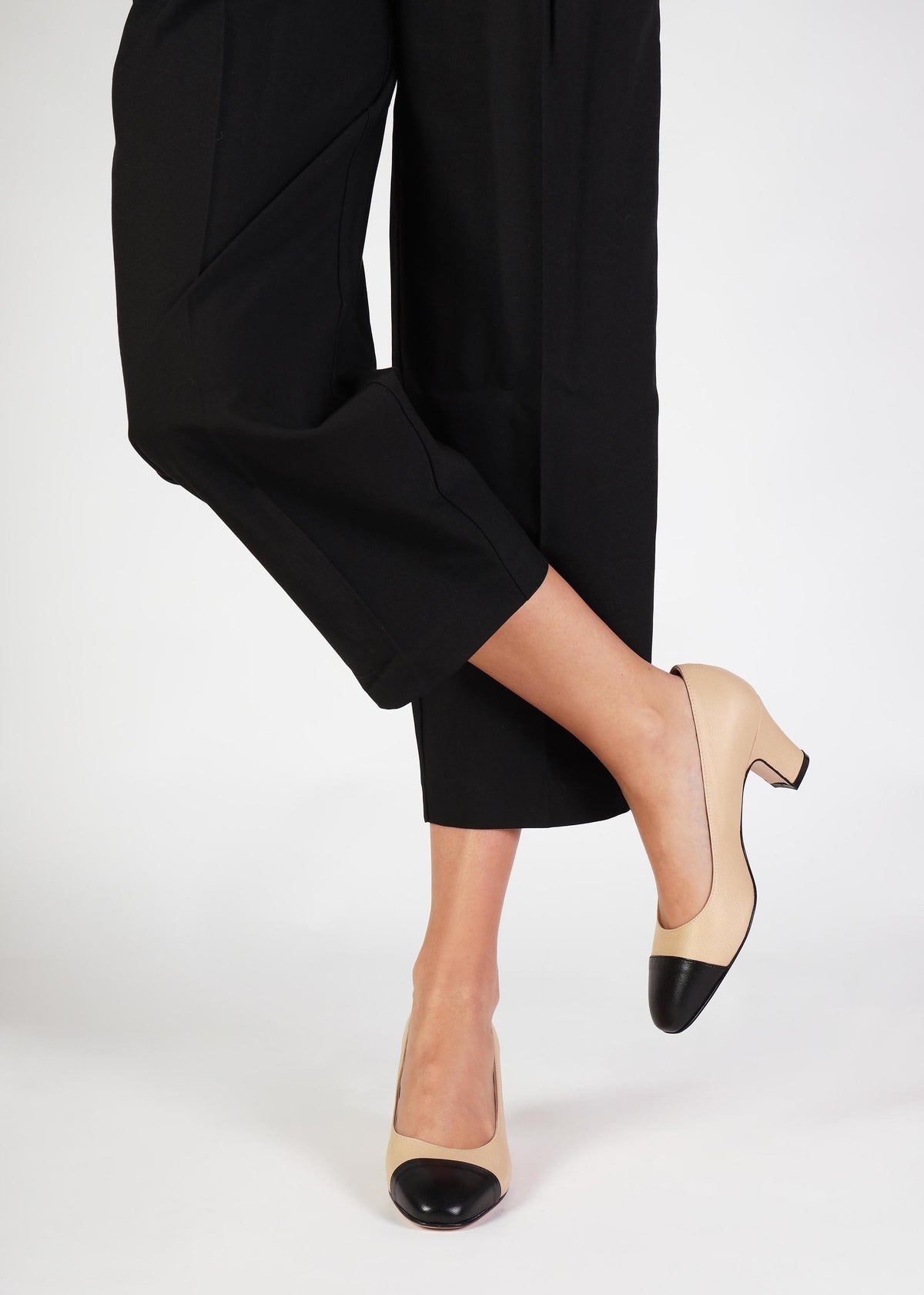 Akuna Beige Leather Block Heel Court Shoes