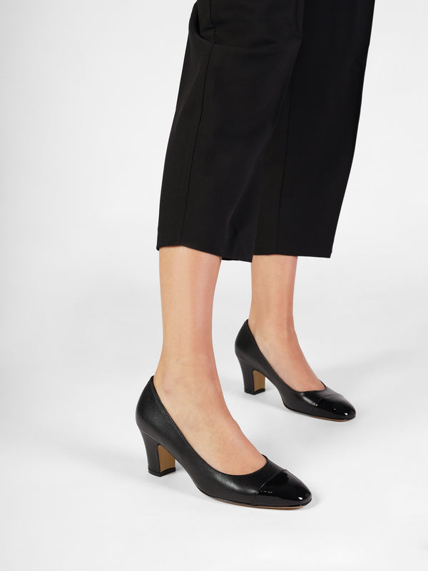 Akuna Black Leather Block Heel Court Shoes