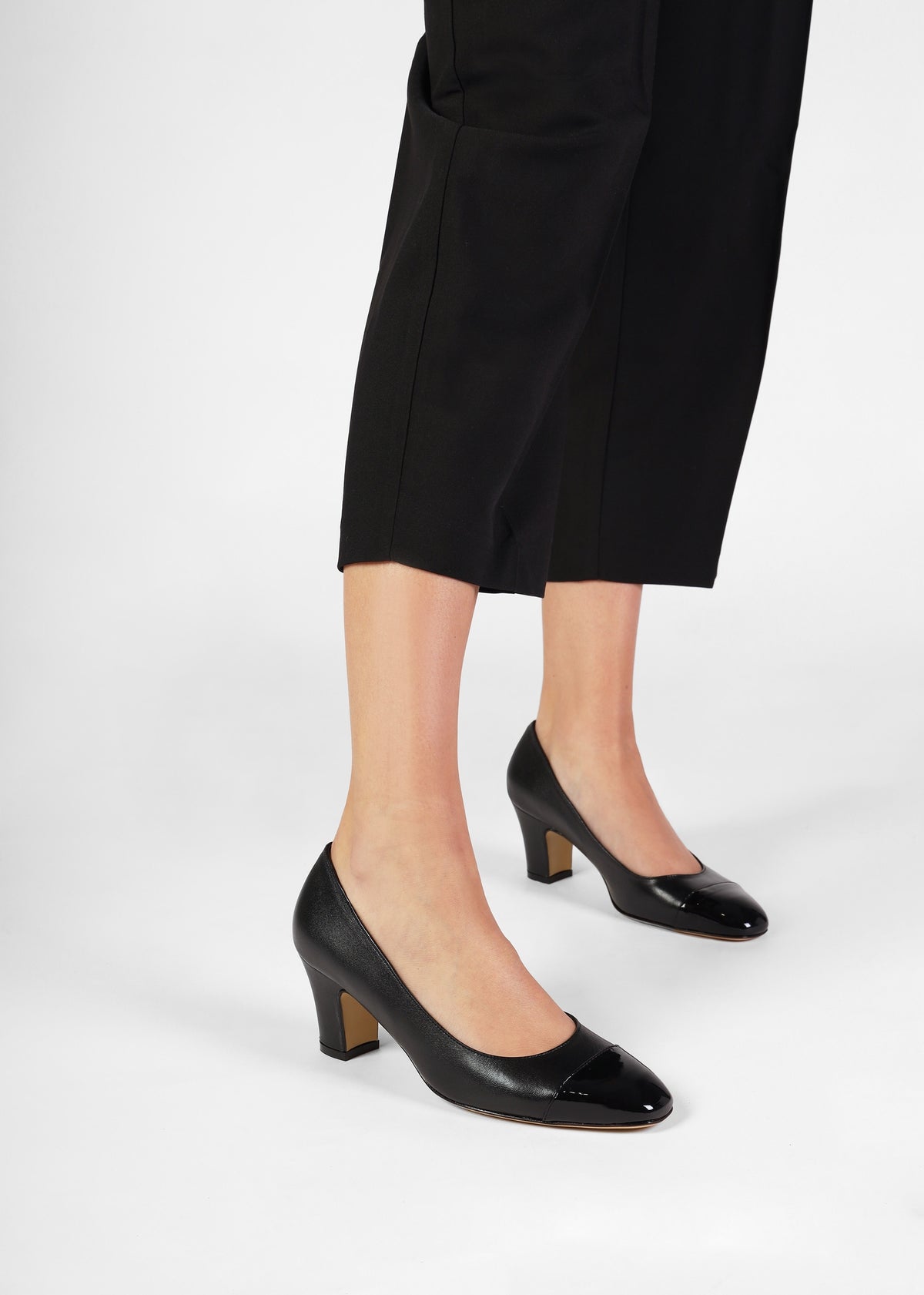 Akuna Black Leather Block Heel Court Shoes