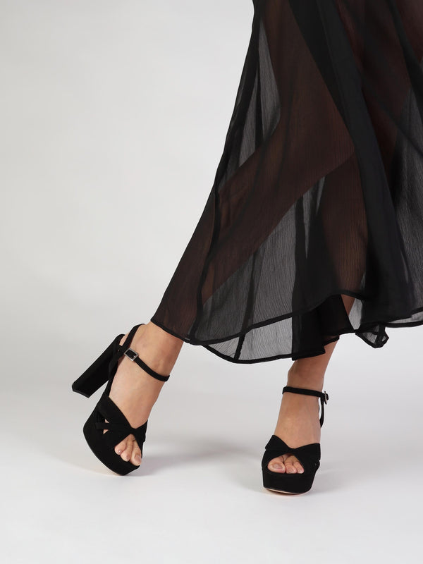Aknot Black Suede Platform Heeled Sandals