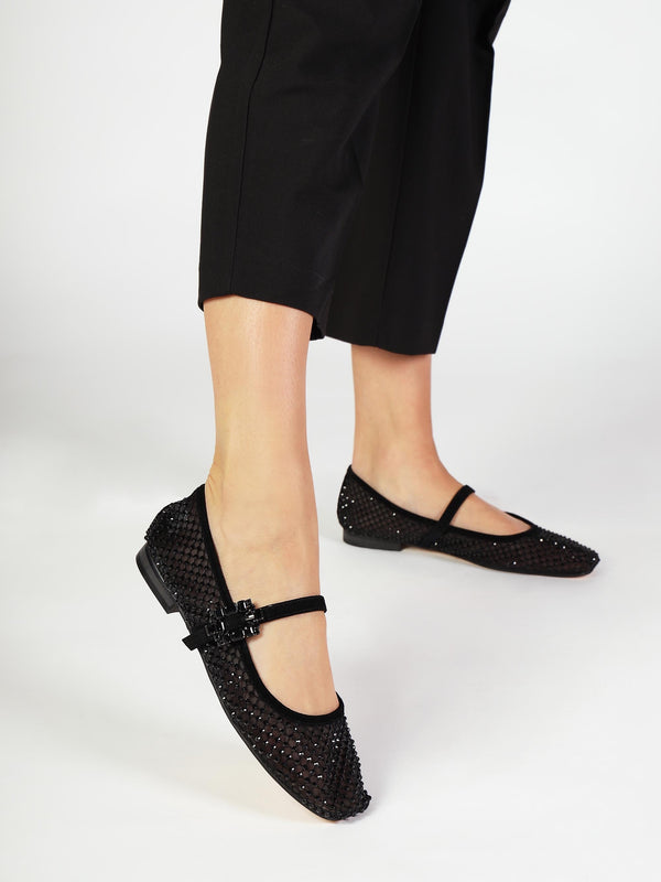Alma Black Suede Crystal Mesh Mary Jane Pumps