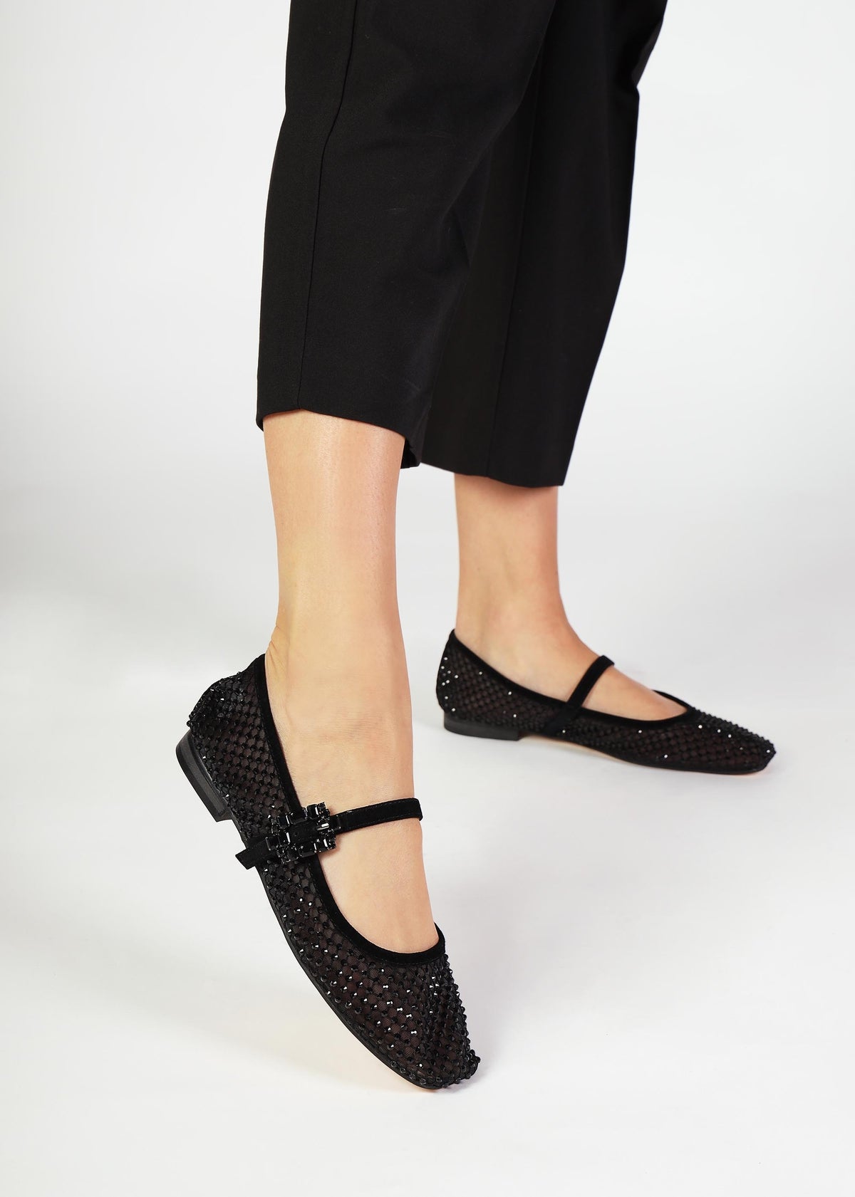Alma Black Suede Crystal Mesh Mary Jane Pumps