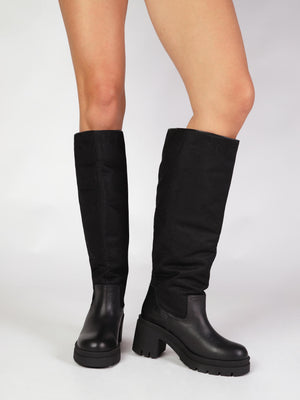 Bliny Black Leather Block Heel Knee Boots