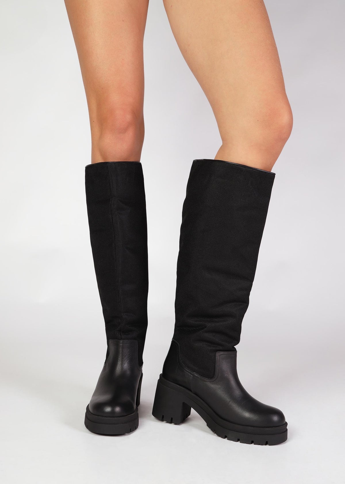 Bliny Black Leather Block Heel Knee Boots