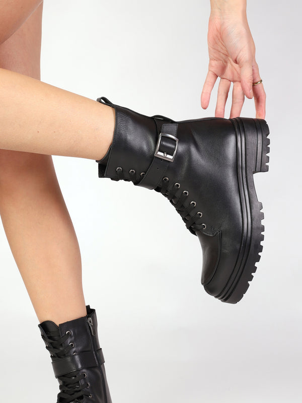Boman Black Leather Lace Up Biker Boots